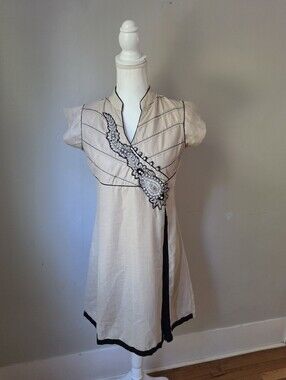 Beige Embroidered Short Sleeve Tunic Dress